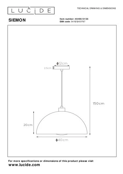 Lucide SIEMON - Lámpara colgante - Ø 40 cm - 1xE27 - Azul - técnico